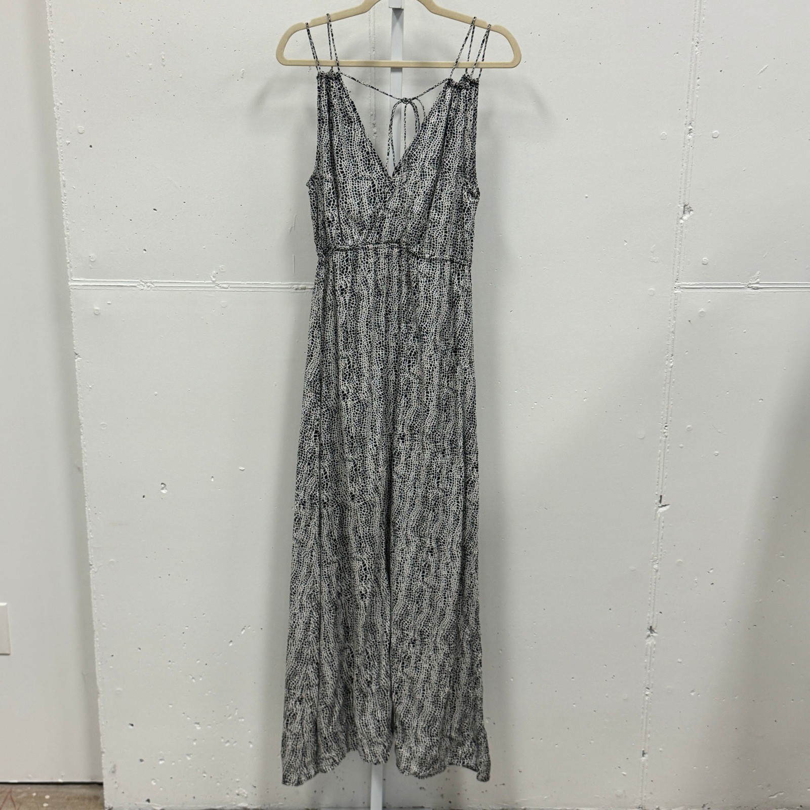 Elan Black White Animal Print Tassel Maxi Dress Small V-Neck Strappy Back Slit