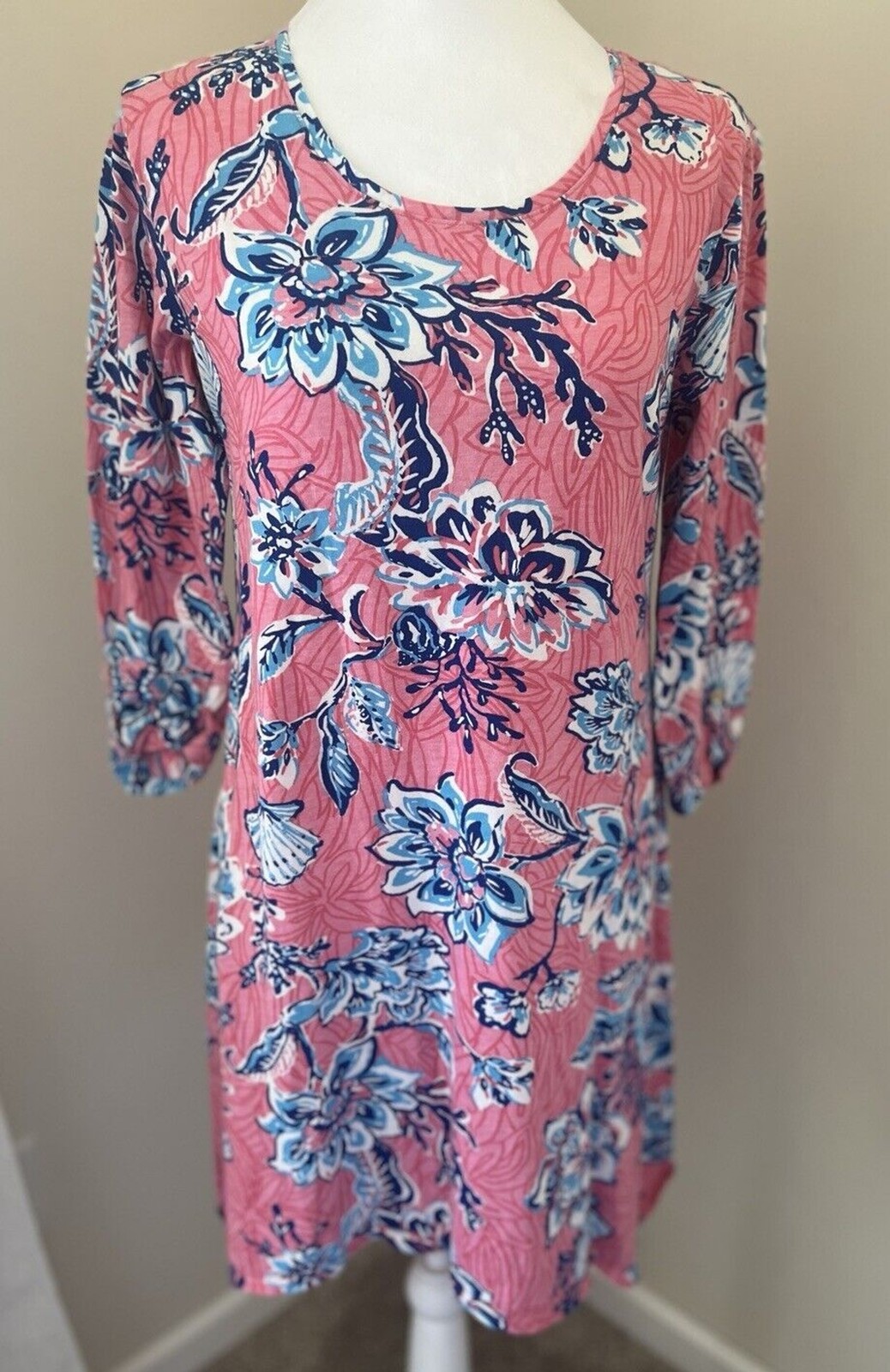 Caribbean Joe Dress 3/4 Rolled Sleeve Size Small Blue Pink Floral Cotton Blend