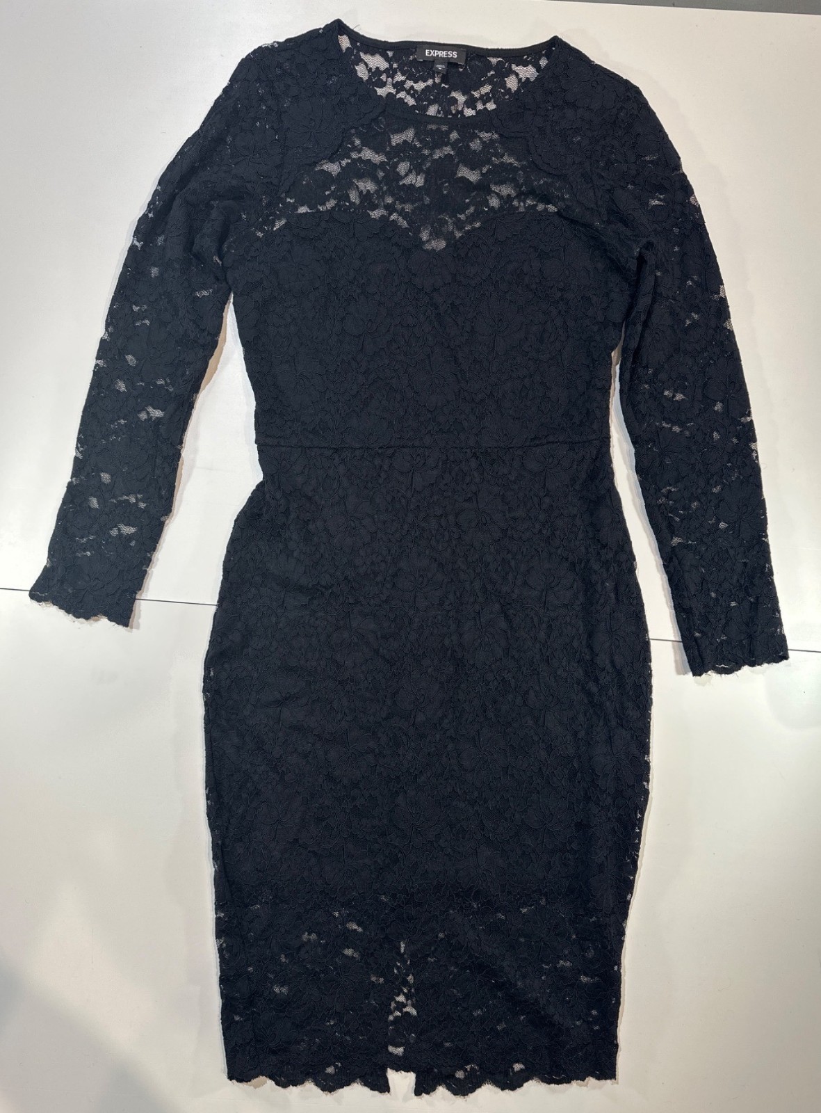 Black Lace Long-Sleeve Midi Sheath Dress By Express – Nylon/Spandex Blend With B