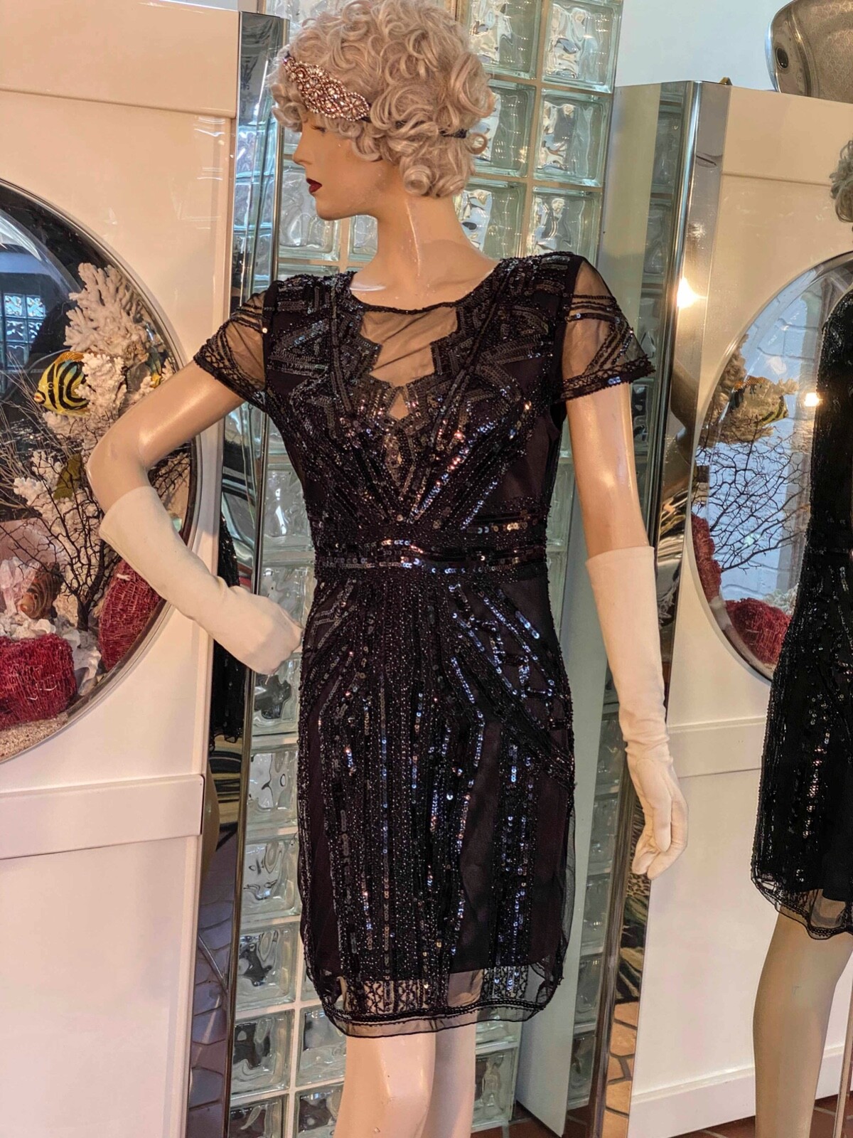 Flapper Black Dress SQUINS BEADED COCKTAIL Party Size XSP