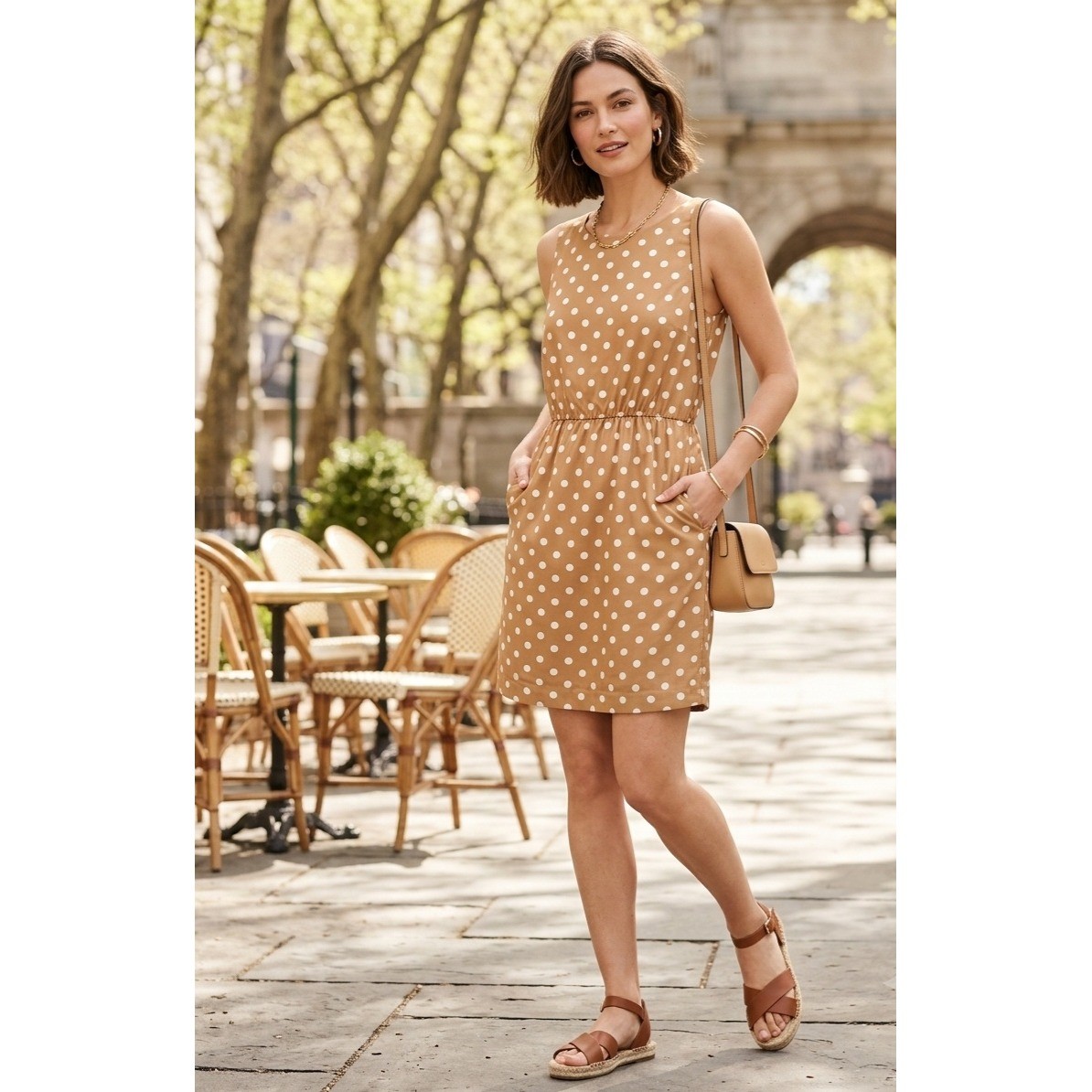 J.Crew Polka Dot Sleeveless Mini Dress Tan White Elastic Waist 43750 Womens 0