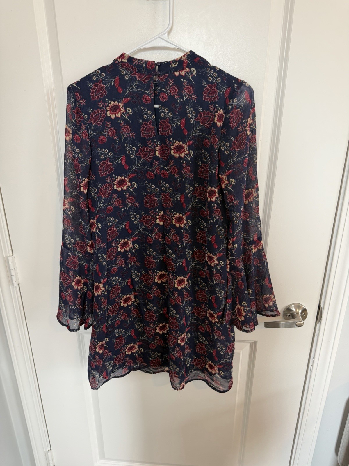 Speechless Navy Red Floral Chiffon Shift Dress Long Bell Sleeve Round Neck Large