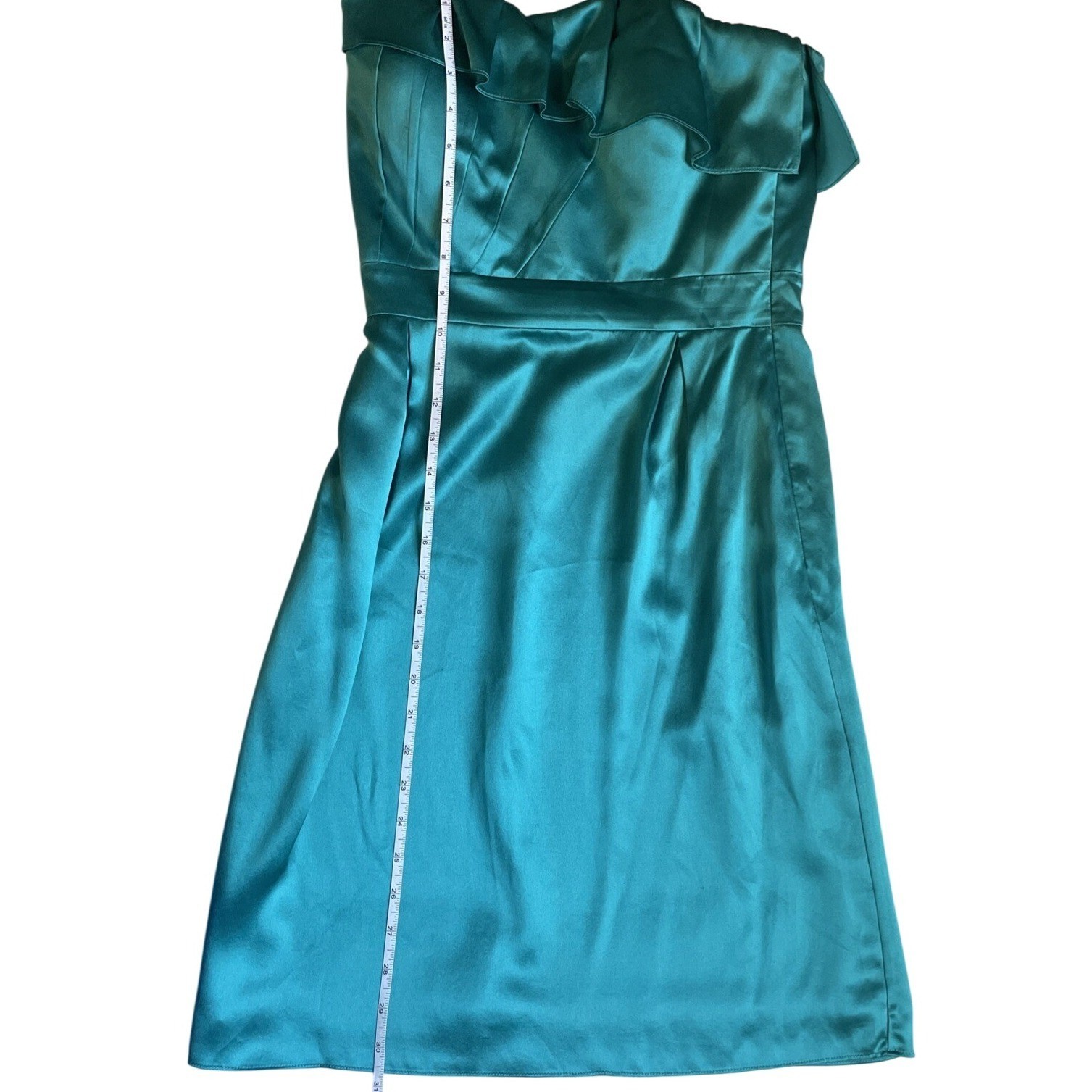 100% Silk Women Sz 2 Teal Strapless Mini Ruffle Neckline Dress 🩵 Party Cocktail