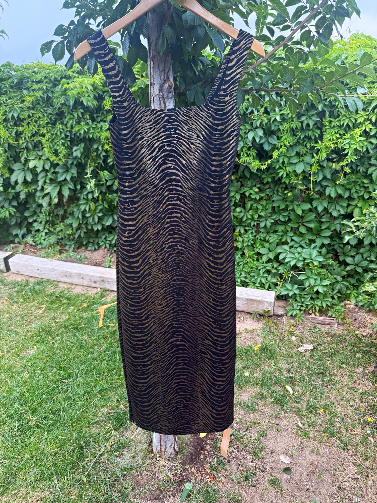 Reformation XS Black/Gold Zebra Animal Print Bodycon Midi Dress Strappy Knit
