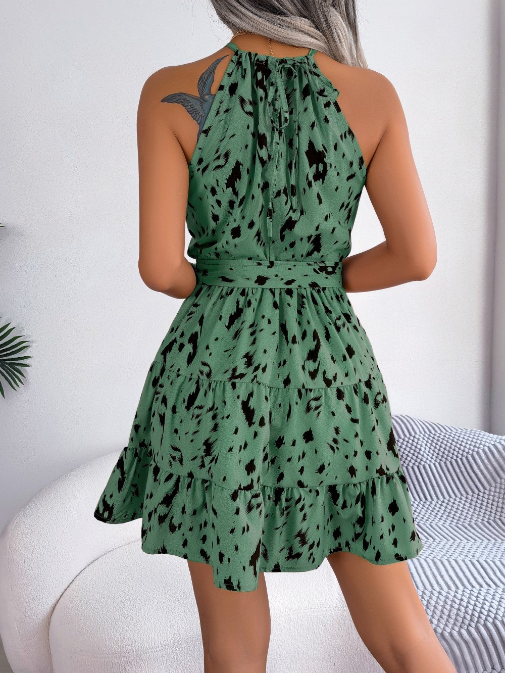 LEOPARD Halter Neck Mini DRESS SUMMER Ruffle A-Line Sleeveless Sun DRESS S-XL