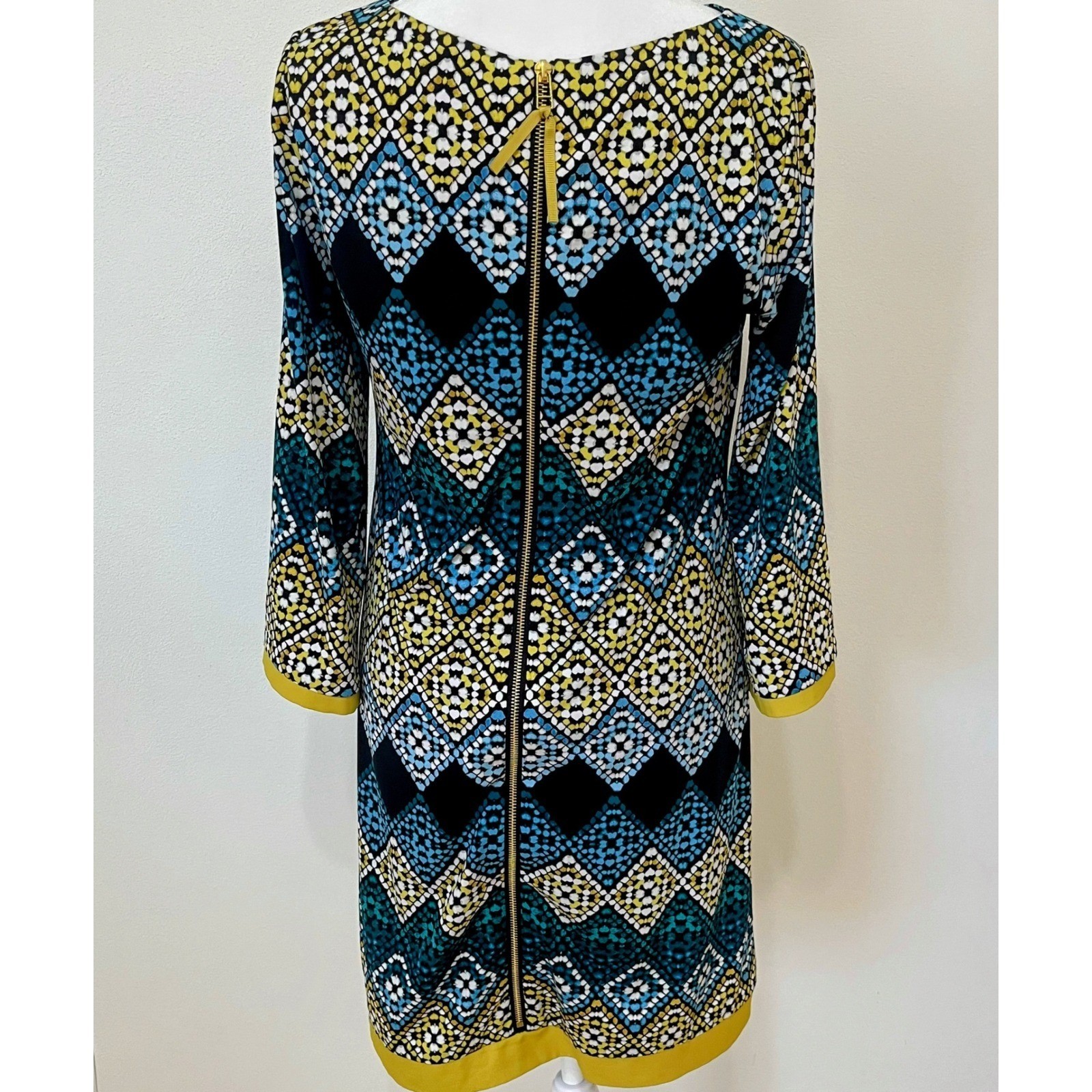 Eliza j geometric mosaic print shift sheath dress full zip women 4 black green