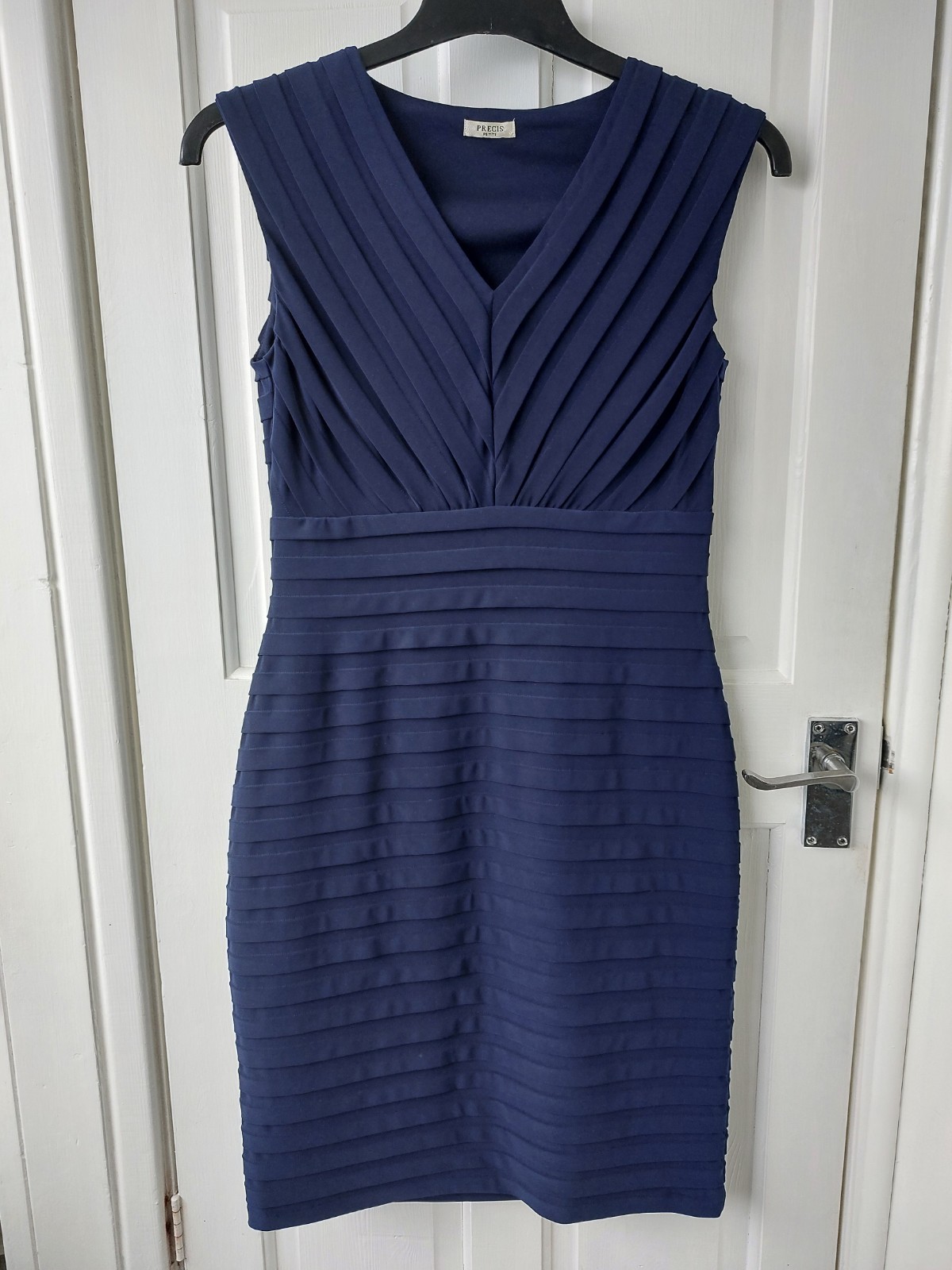 Size 10 Precis Petite Dress Navy Blue Bodycon Ribbed Stretch Formal Designer