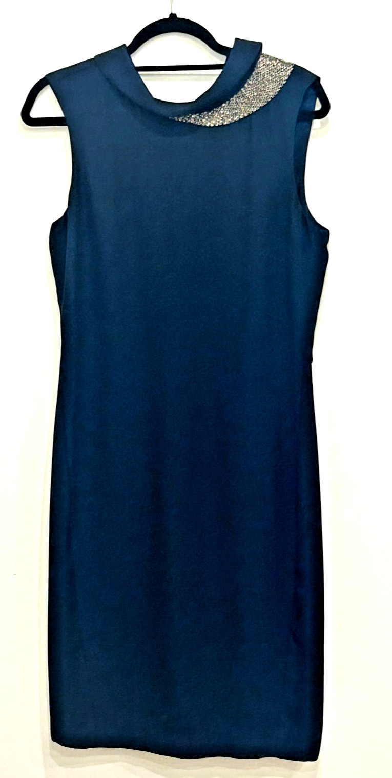 Magaschoni Collection Dark Navy Blue Silk Blend Beaded Sheath Dress Size 8