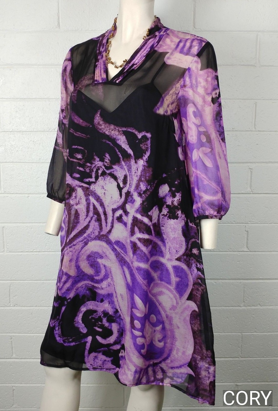 woman ANTONIO MELANI 2 Pc DRESS & LINING SIZE 6 Silk 3/4 sleeve Mandarin V~Neck