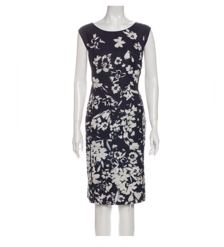 Lafayette 148 Navy Ink White Floral Shift Dress Sleeveless Womens Size 12 Office