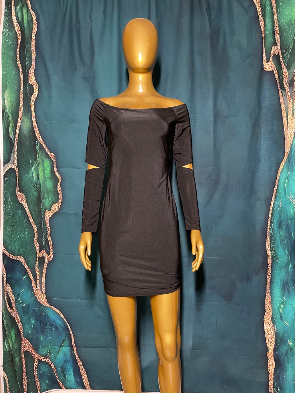 New Women’s Cocktail Dress Size Medium Black Off Shoulder LongSleeve Cutouts 25
