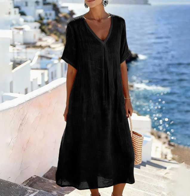 Ladies Solid V Neck Short Sleeve Cotton Linen Long Dress Loose Fit Casual Dress