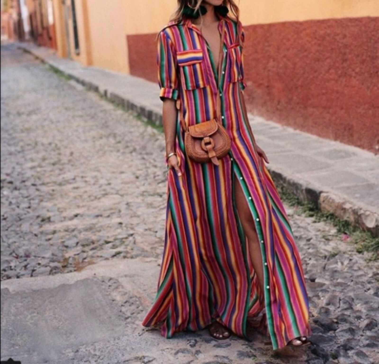 All Things Mochi Rainbow Stripe Leilani Maxi Button Up Shirt Dress XS *no belt*