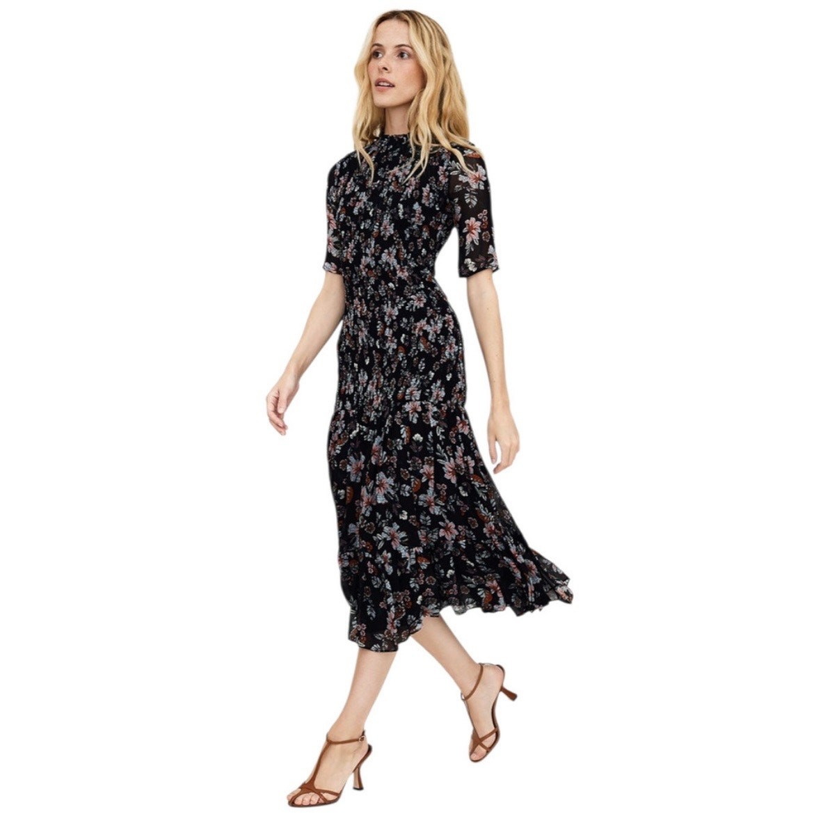 Veronica Beard Gabi Black Floral Chiffon Drop Waist Smocked Midi Dress SIZE 6