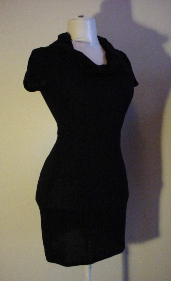 Energie Black Mini Dress Tunic Top Juniors Medium Short Sleeve Cowl Neck Stretch