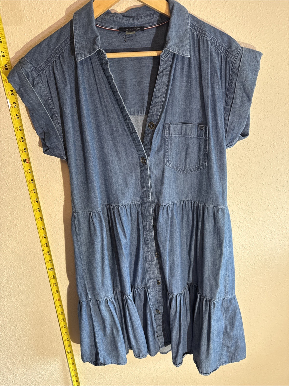 Tommy Hilfiger Babydoll Size 2 Layered Jean ButtonUp Cotton Blend SS Dress Beach