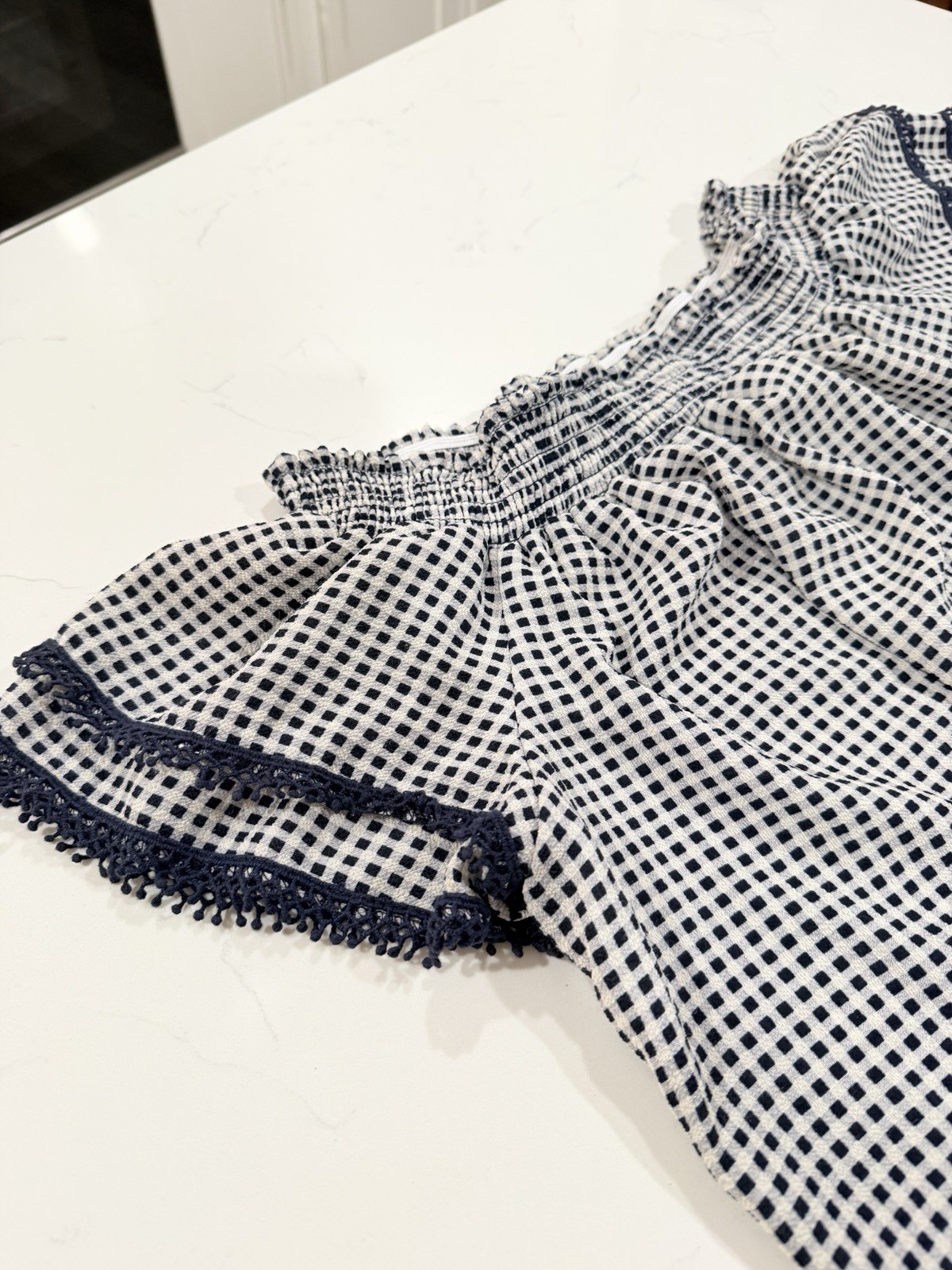 Off Shoulder Blue/White Check Smocked Lace Shift Dress Square Neck Cap Sleeve XL