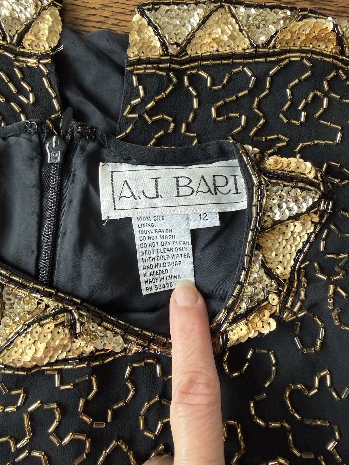 AJ Bari Mini Dress Size 12 Sequin 100% SILK Black and Gold Beaded Vintage