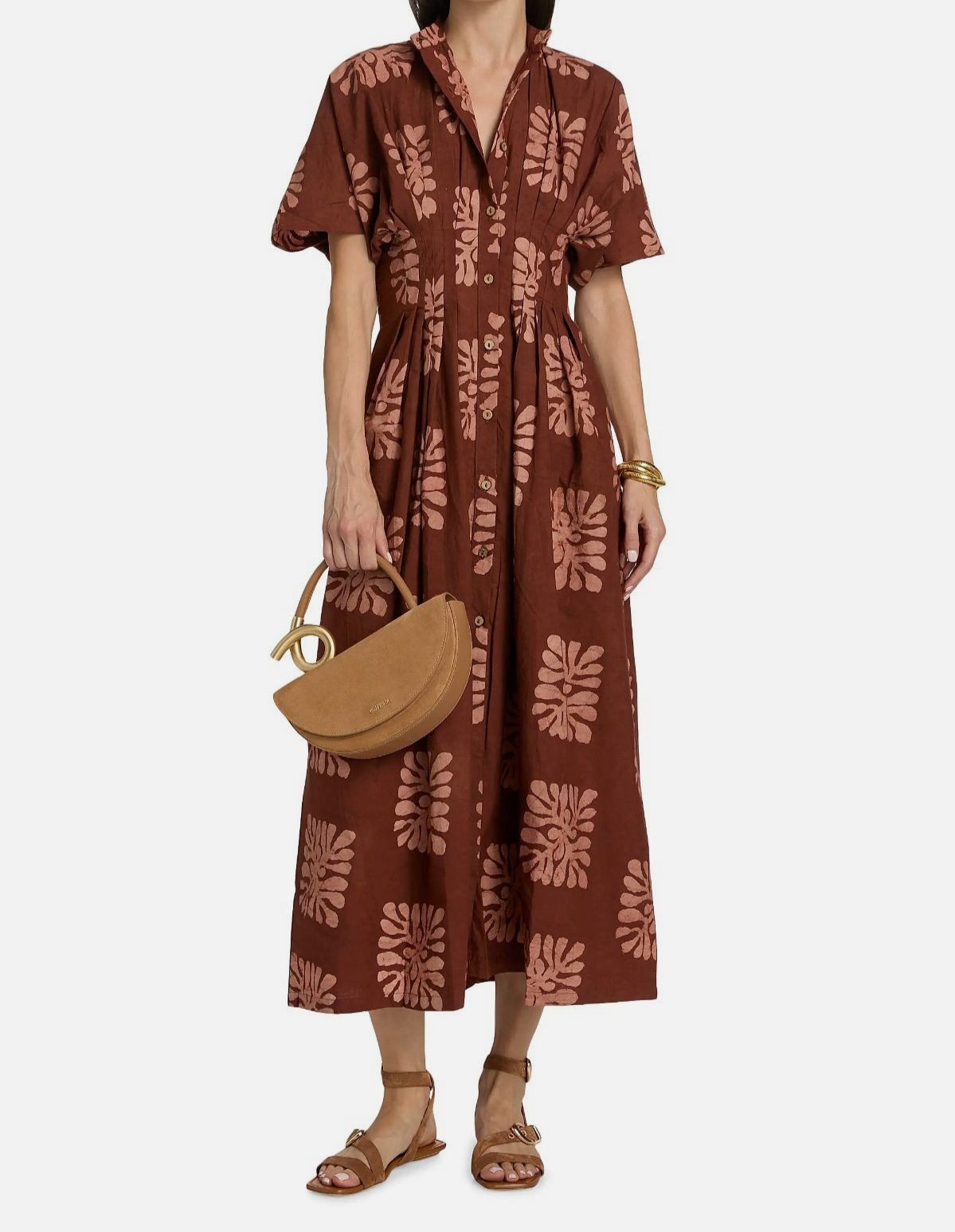Elisamama Women’s Brown Printed Band Collar Dolman Sleeve Buga Dress Size XL