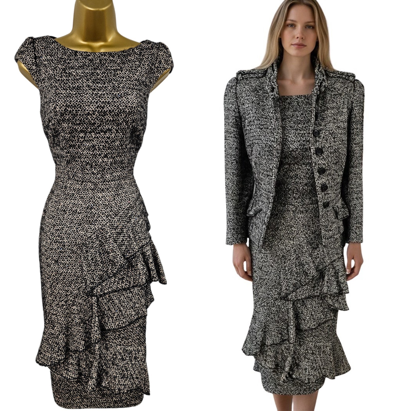 10- 12 UK Karen MIllen Vintage Drape Wool Tweed Dress Jacket Suit Black Cream