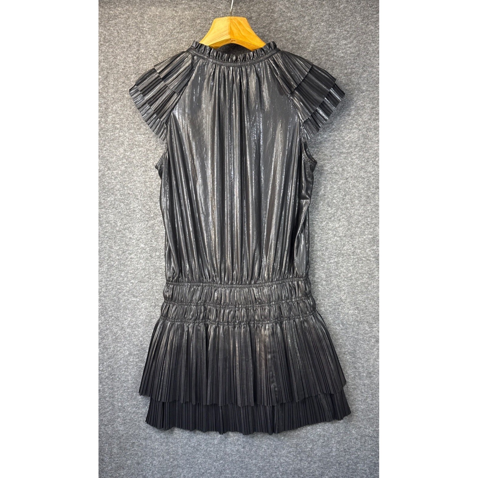 NWT Anthro Current Air Pleated Mini Dress Size M Blk Silver Chic Flirty Smocked