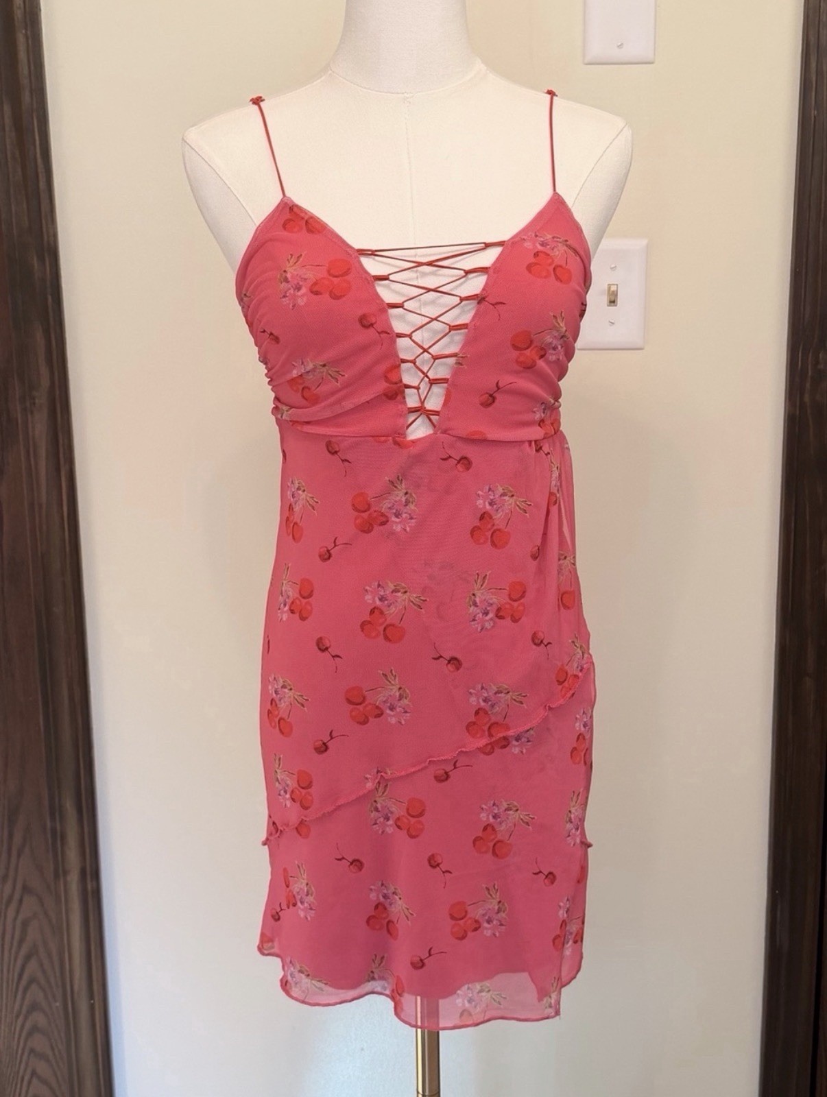 Pink Cherry Print V-Neck Lace-Up Strappy Slip Dress Women Size M