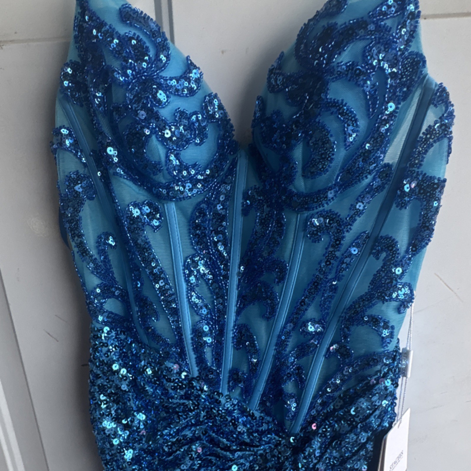 STACEES Blue Sequin Mesh Sweetheart Strappy Bodycon Mini Dress Womens Size 0