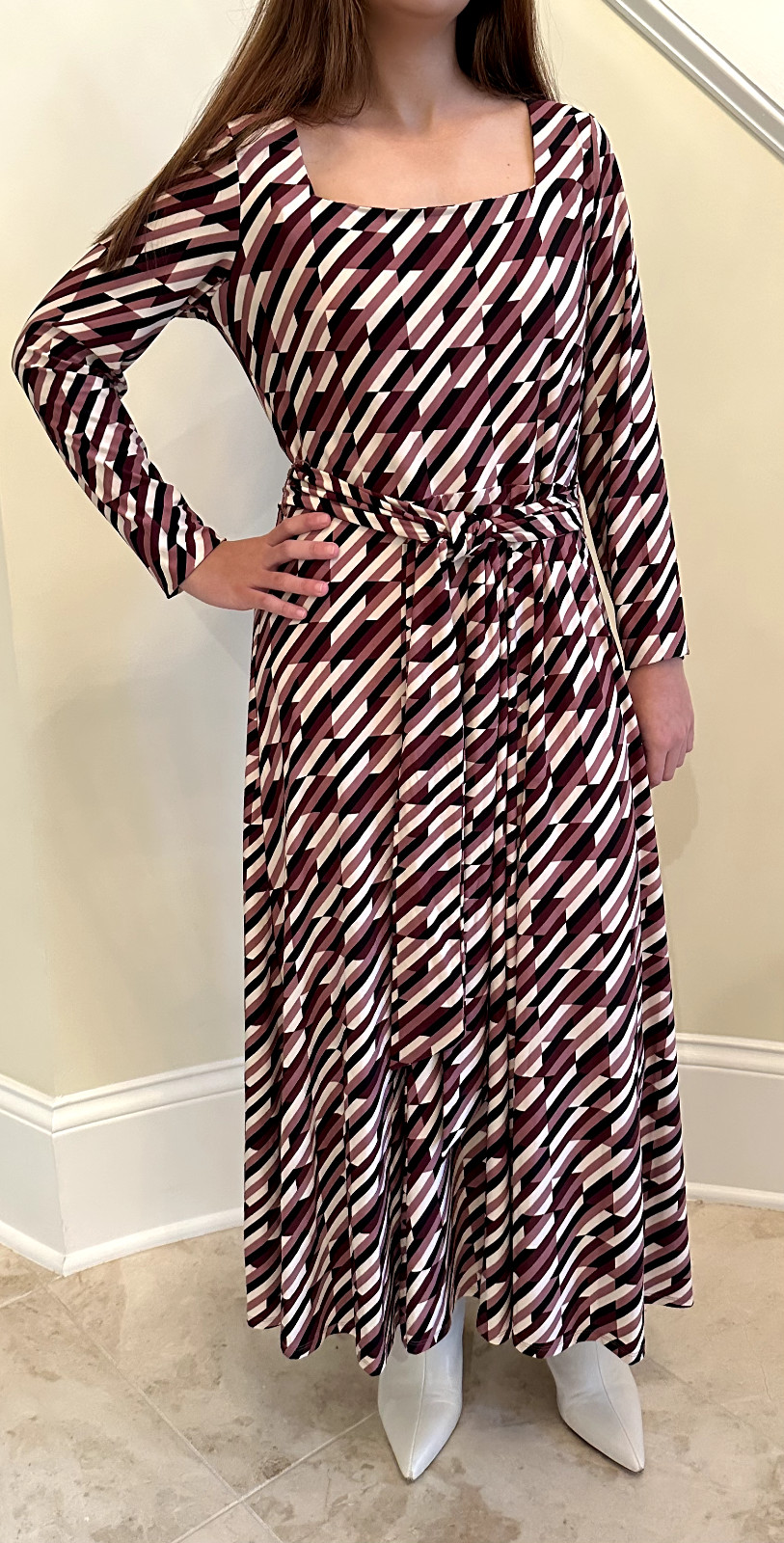 Anne Klein Maxi Dress Tie Waist, Rose, Black, &Aubergine, New Size Medium