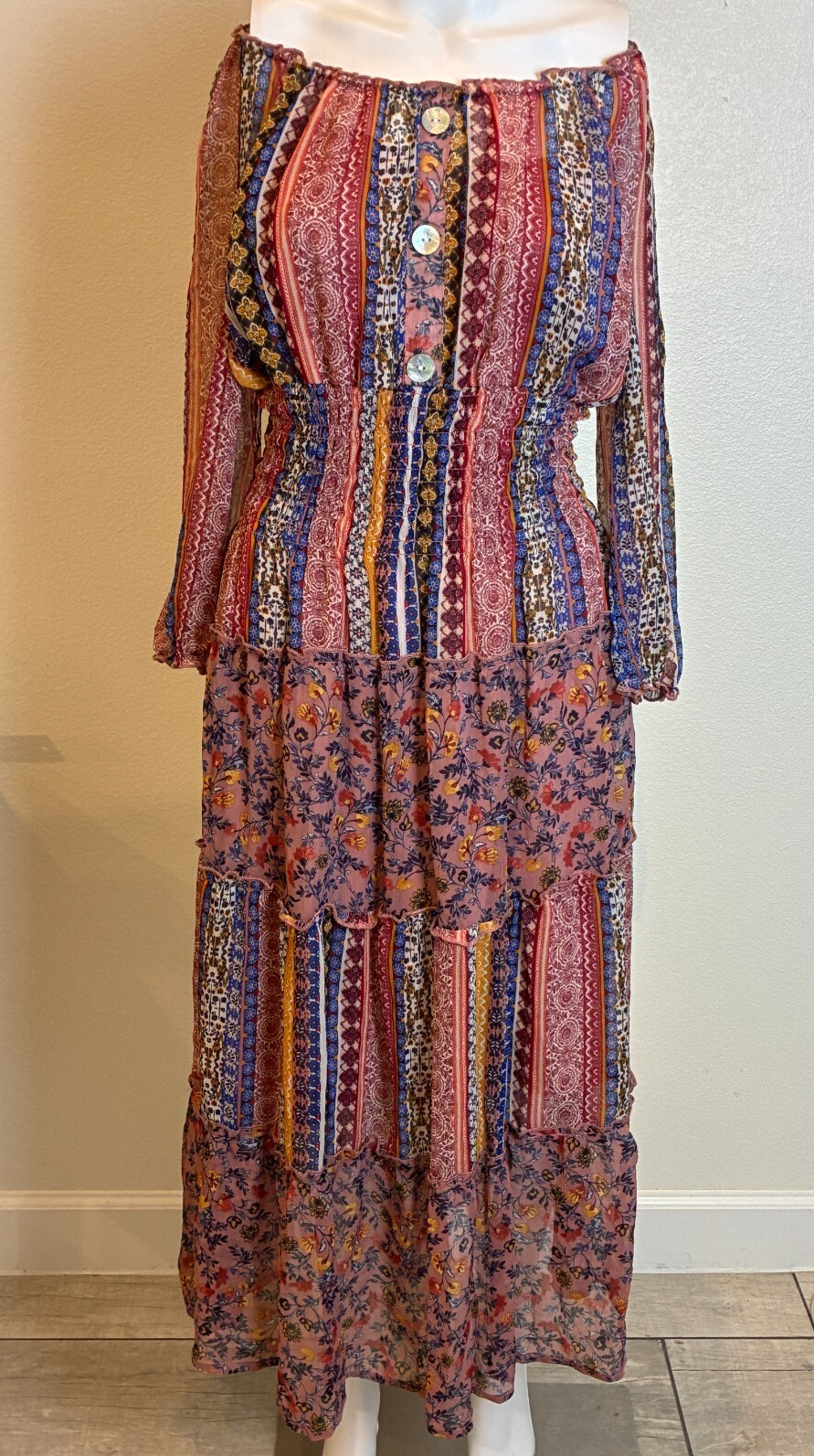 Fig & Flower Floral Tiered Patchwork Boho Smocked Maxi Dress S Cottage Peasant
