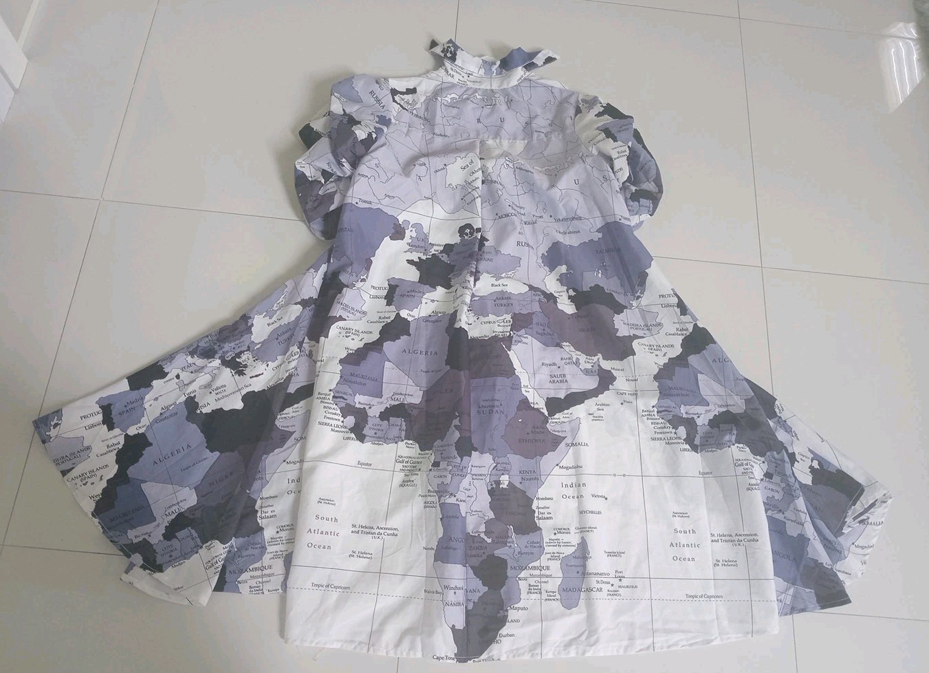 Step In Style World Map Button Up Shirt Dress White Blue/High Low/Ruffle Sleeve