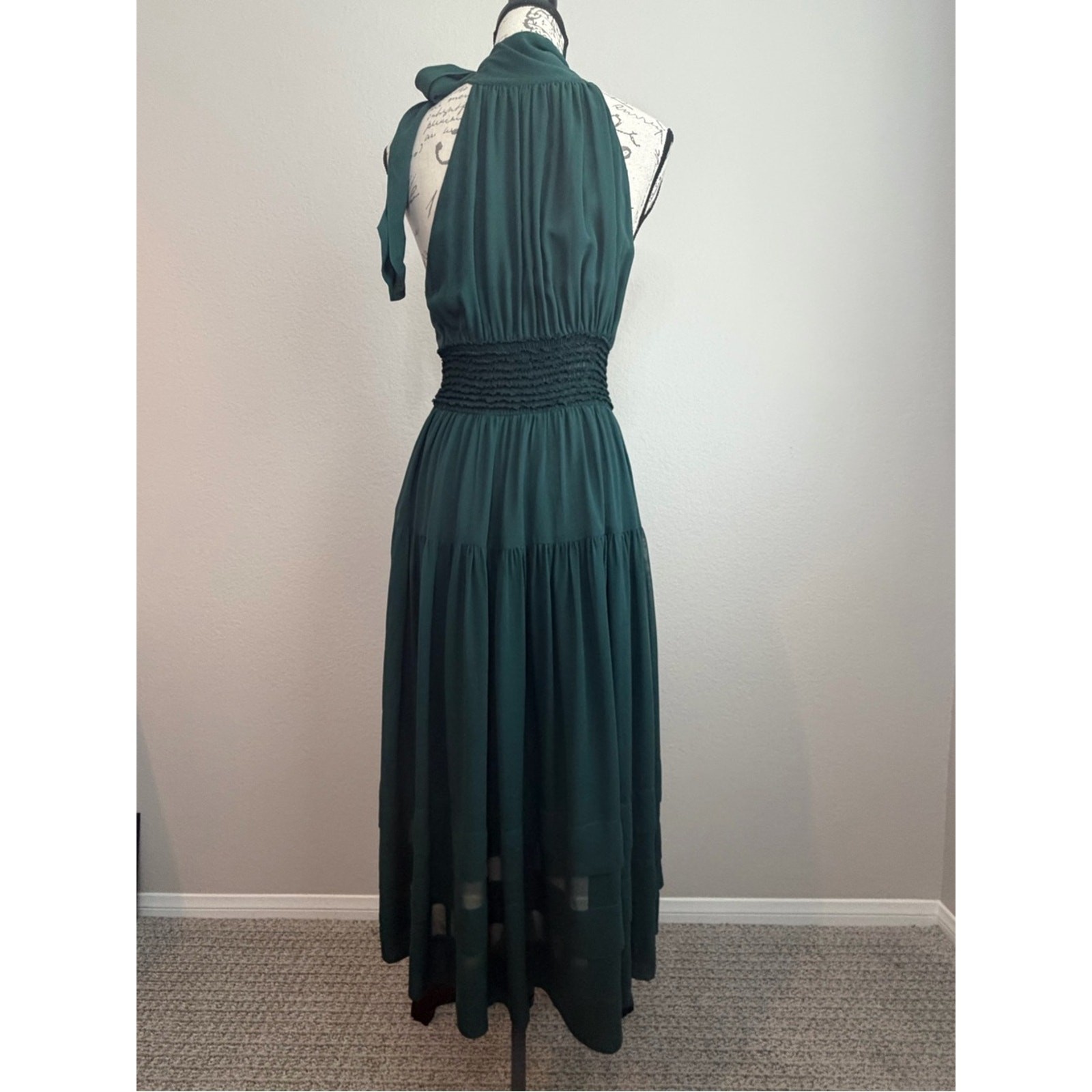 Ulla Johnson Maya Silk Chiffon Everglade Halter Midi Dress Smocked Waist | 4