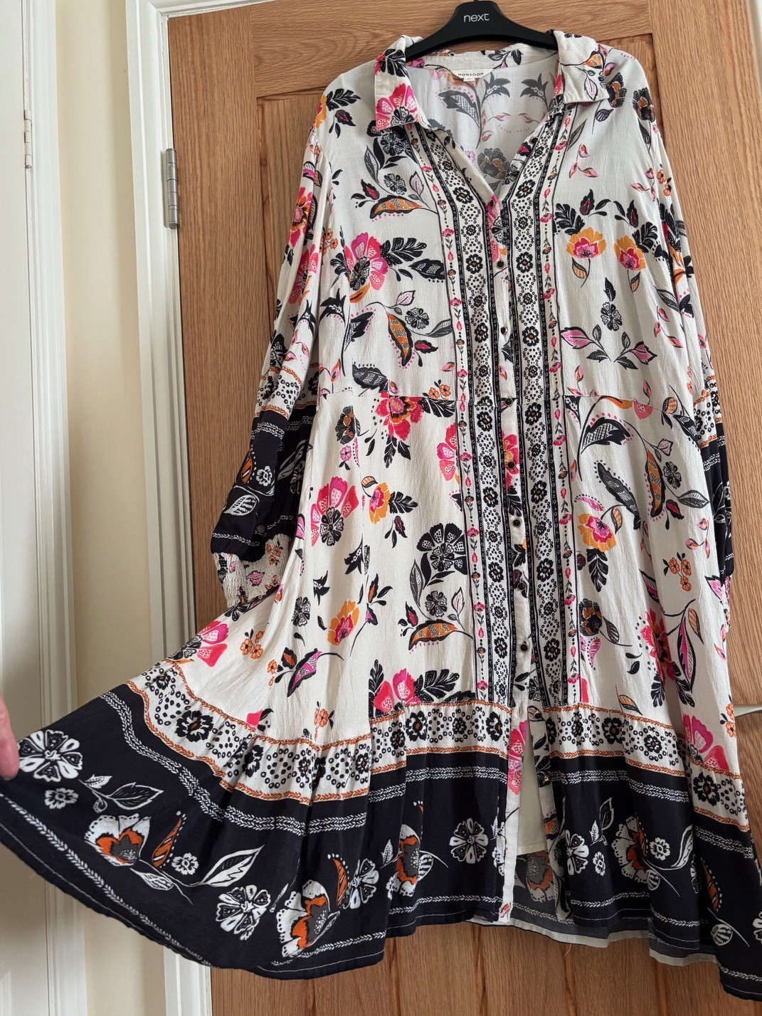 Monsoon Cream & Black, Pink Floral Print Shirt Dress with Camisole, Size XL, 20