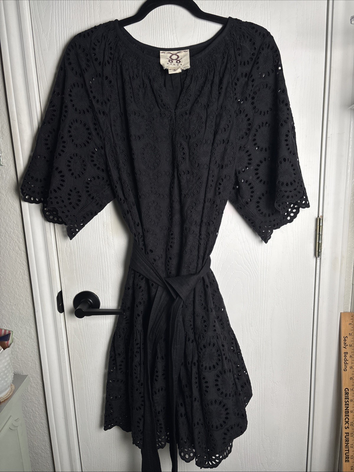 Figue Little Black Dress XL Eyelet Design Boho Summer Party Cute V-Neck S/S EUC