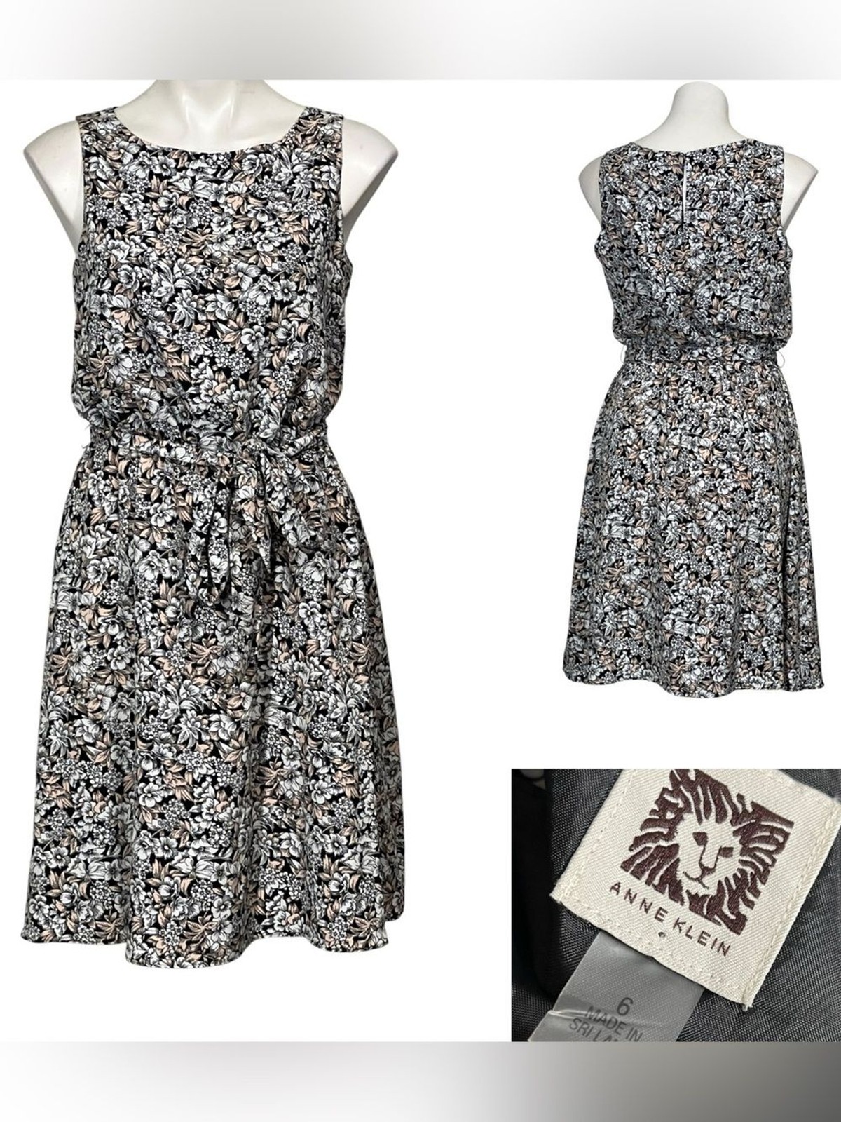 Anne Klein Dress 6 Black/blush pink Floral Sleeveless Belted knee length office