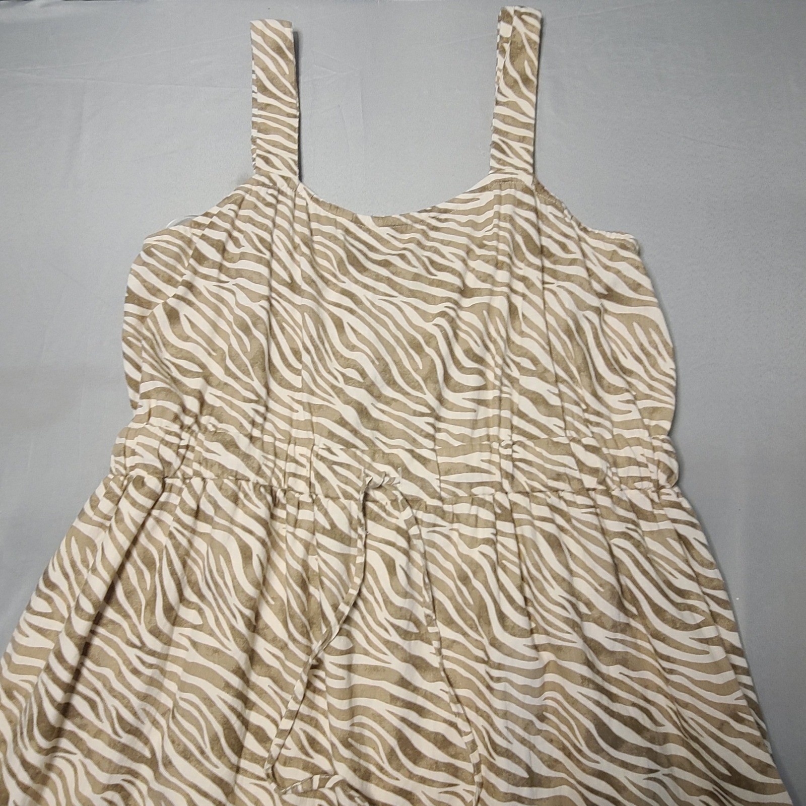 Cactus + Pearl Maxi Dress Women XL Tan Zebra Print Linen Blend Tiered Sleeveless