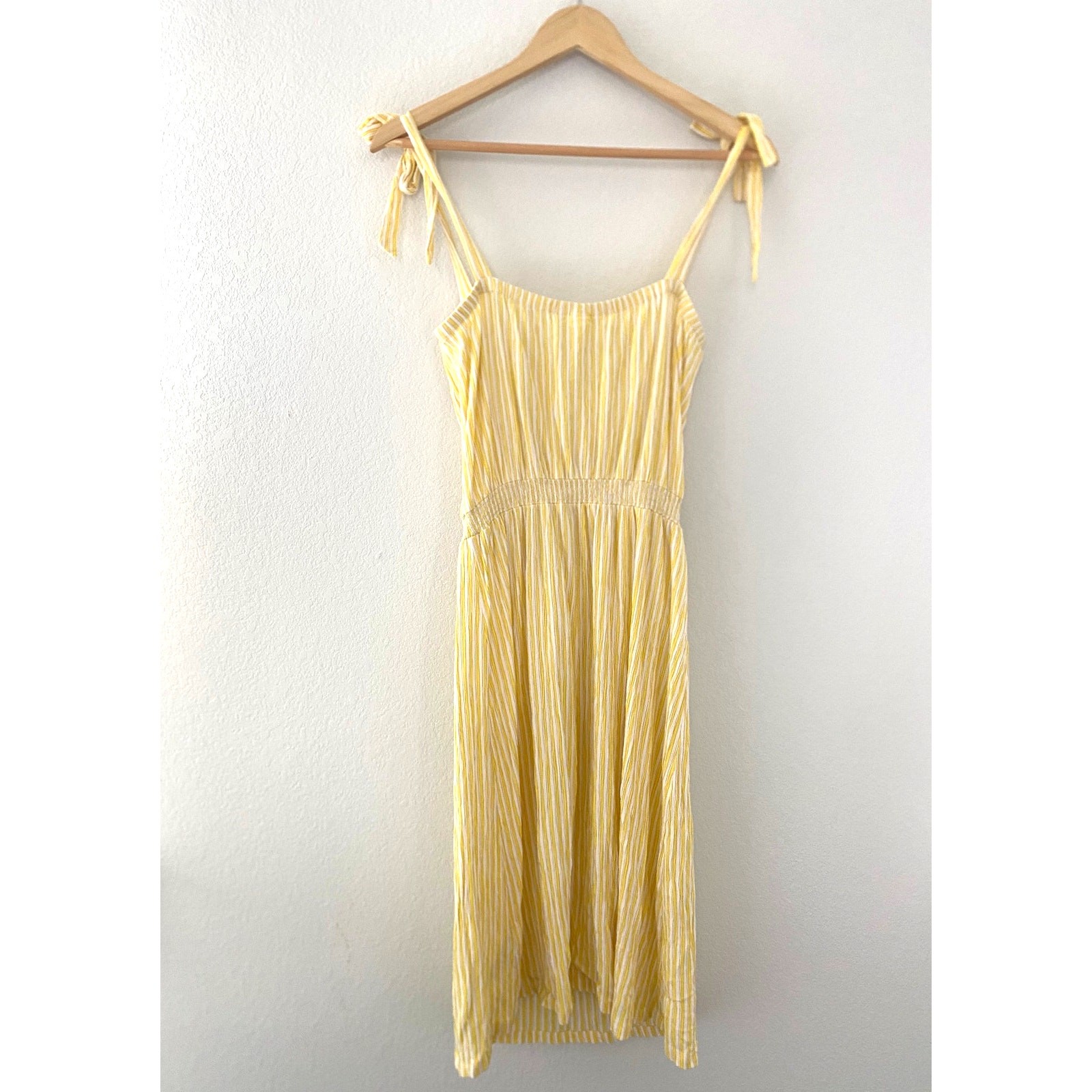 H&M Butter Yellow Tie Strap Stripe Midi Dress Size 8 Euro Summer Cottagecore
