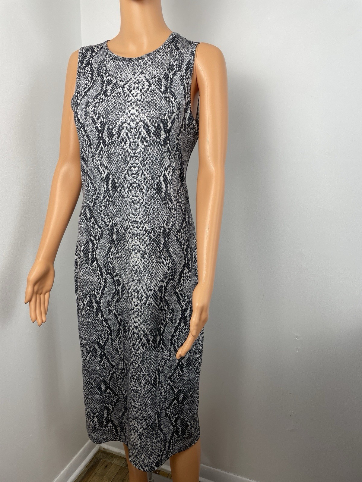 Zuarée Paris L Grey White Snake Print Sheath Dress Knee-Length Polyester Spandex