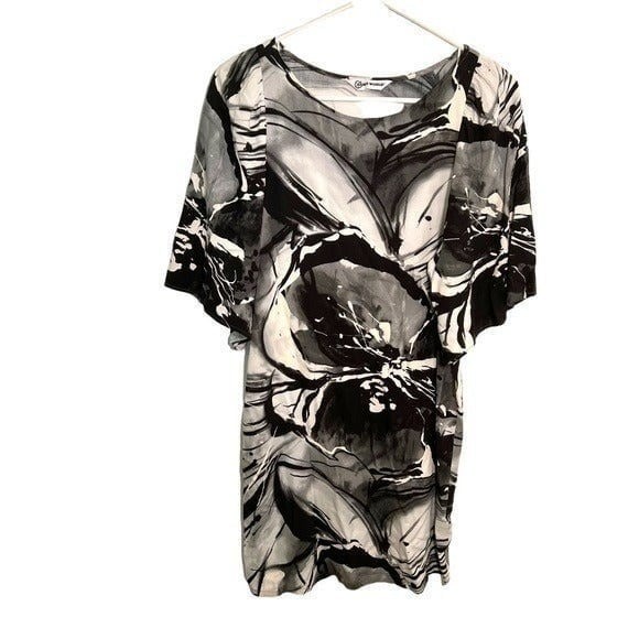 Jams World Women’s Size XS Short Sleeve Dress White Black Gray Floral Flutter