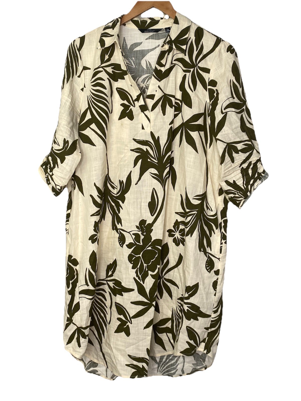 Mlle Gabrielle Dress shirt tunic Leaf Print Tan green 100% Cotton Size Large