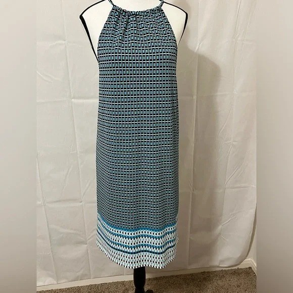 Max Edition Womens Sleeveless Dress Blue White Geometric Print Halter Neck Large