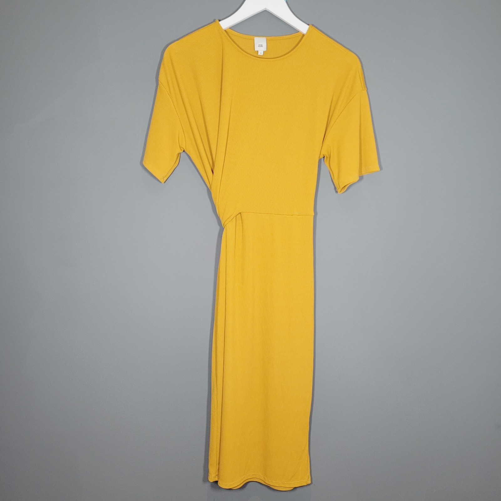 RIVER ISLAND DRESS 14 GOLD RIBBED WRAP BODYCON SHIFT MIDI MA609
