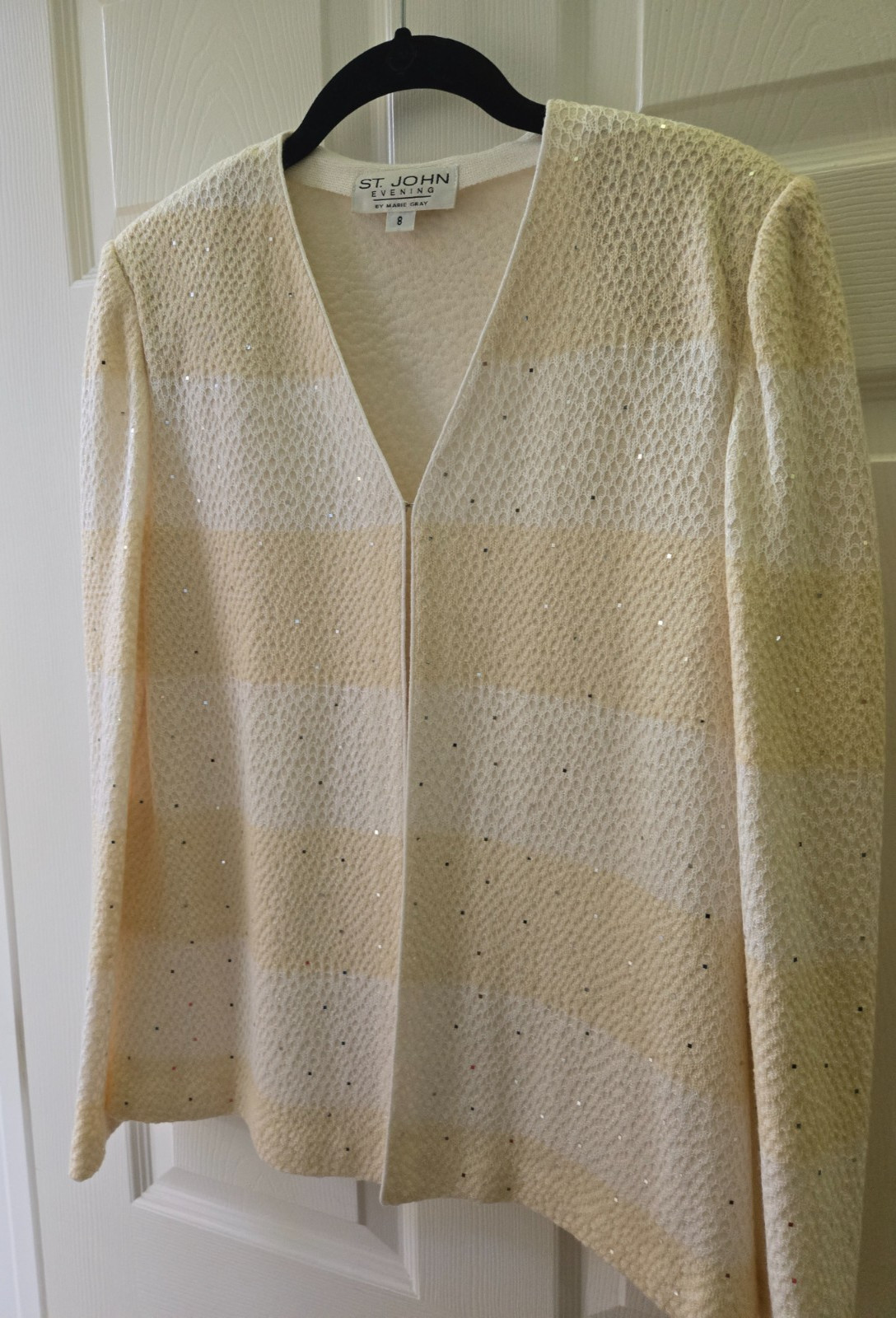 St. John Knits “Evening” Jacket Beige/White Stripe w/Silver Size 8
