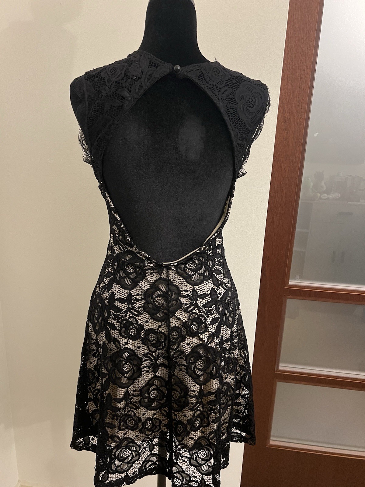 Windsor Black Floral Lace V-Neck Sleeveless Open Back Fit & Flare Dress S