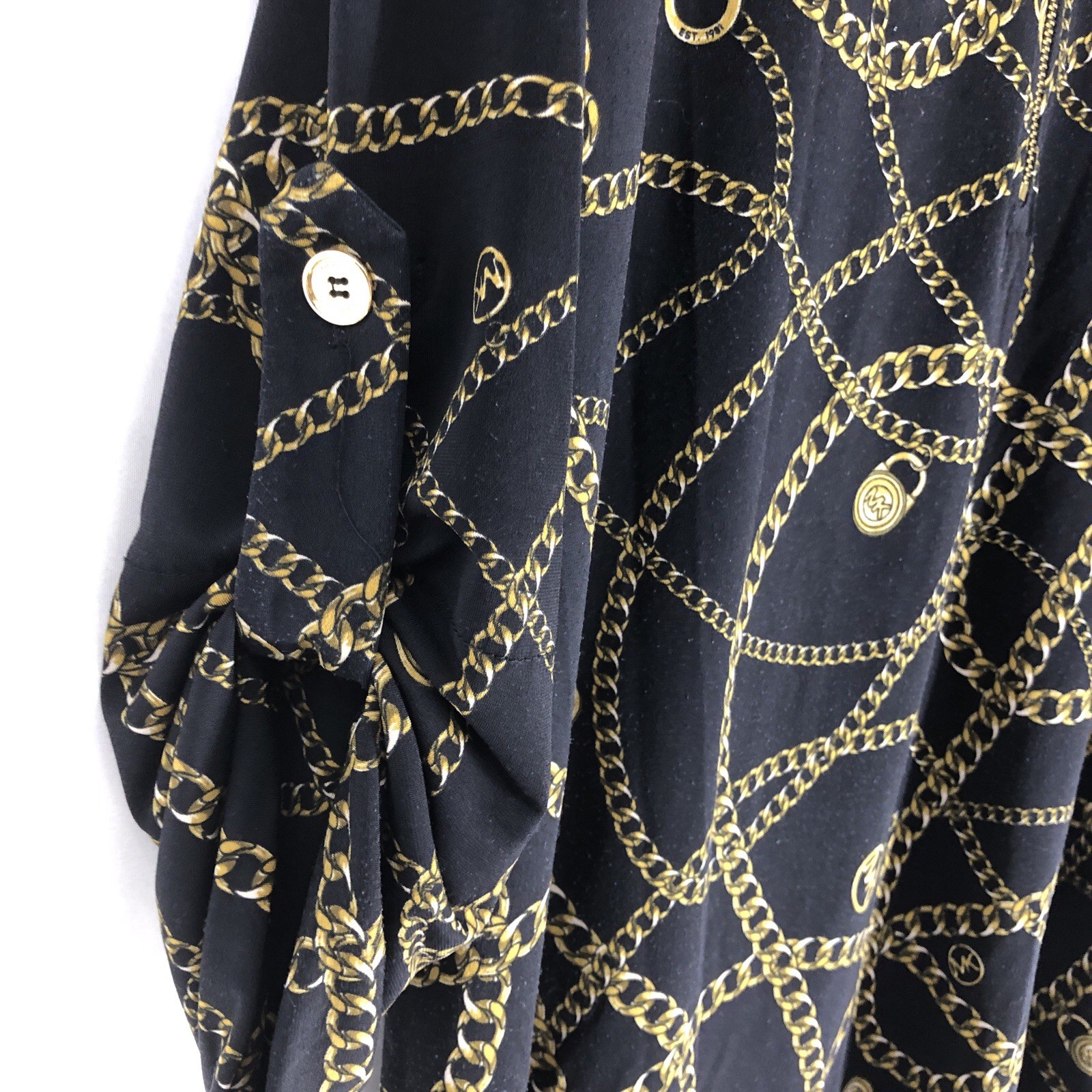 MICHAEL KORS Black/Gold Chains Print Roll Tab Sleeve Dress Size XL