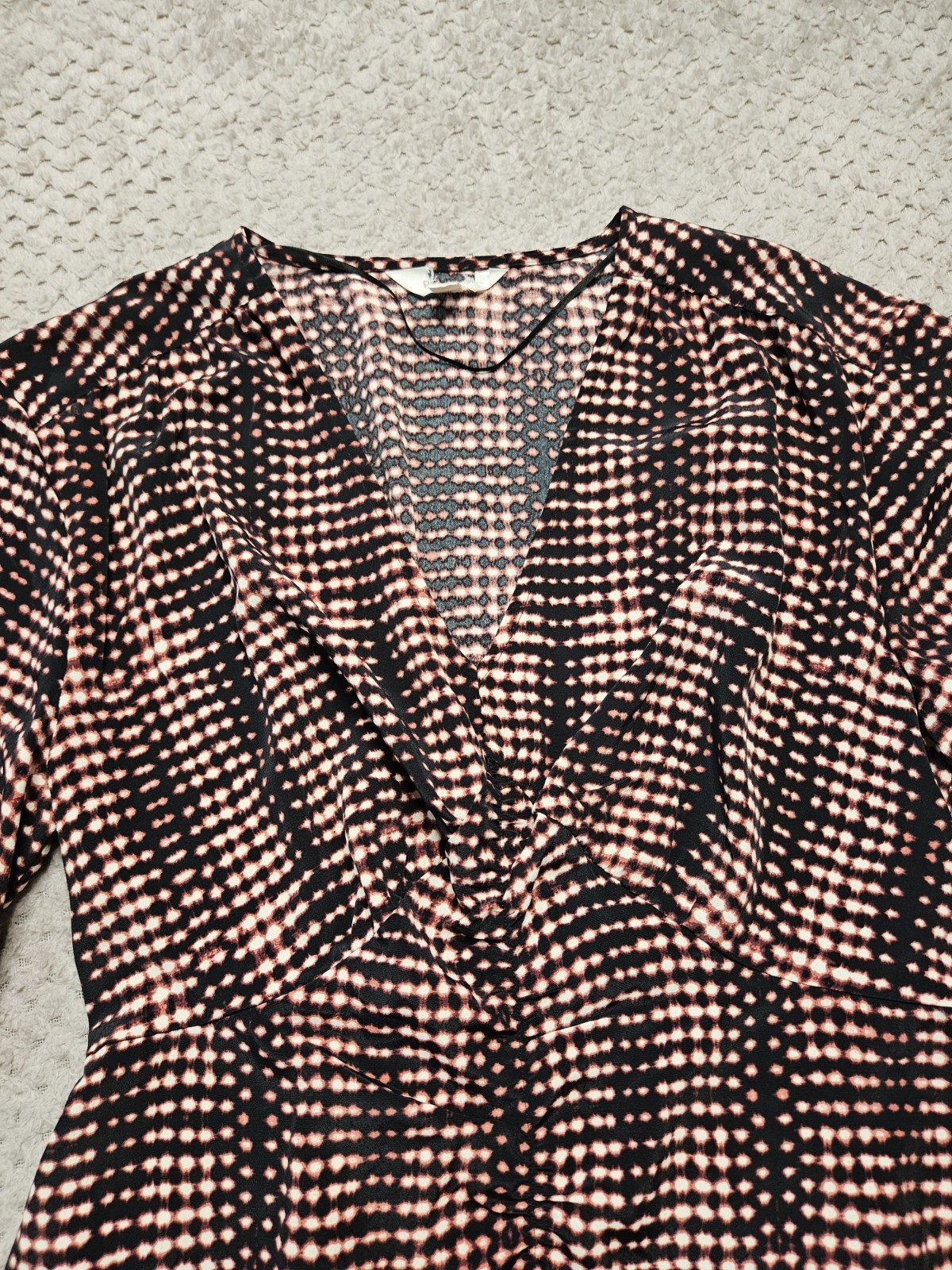 M&S Per Una Dress Geometric Print Long Puff Sleeve Pockets Pink/Black Size UK 8