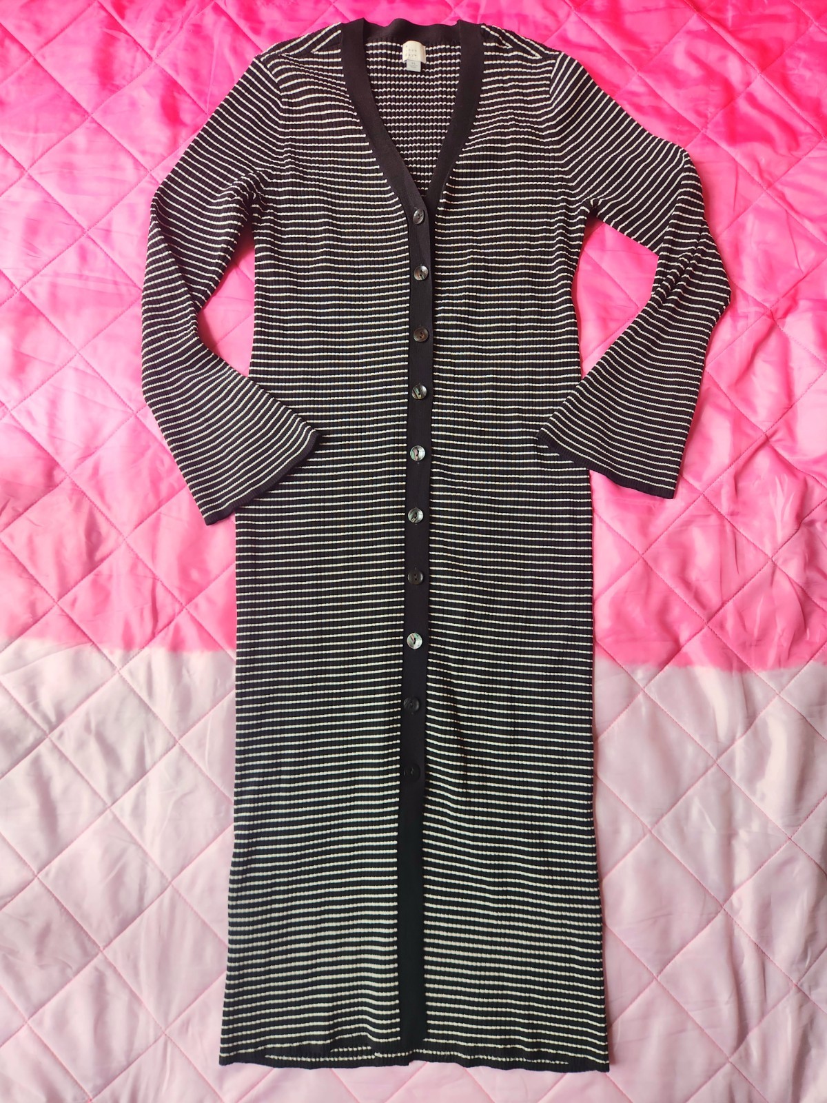 A New Day Black White Striped V-Neck Button Front Midi Sweater Dress Womens XL