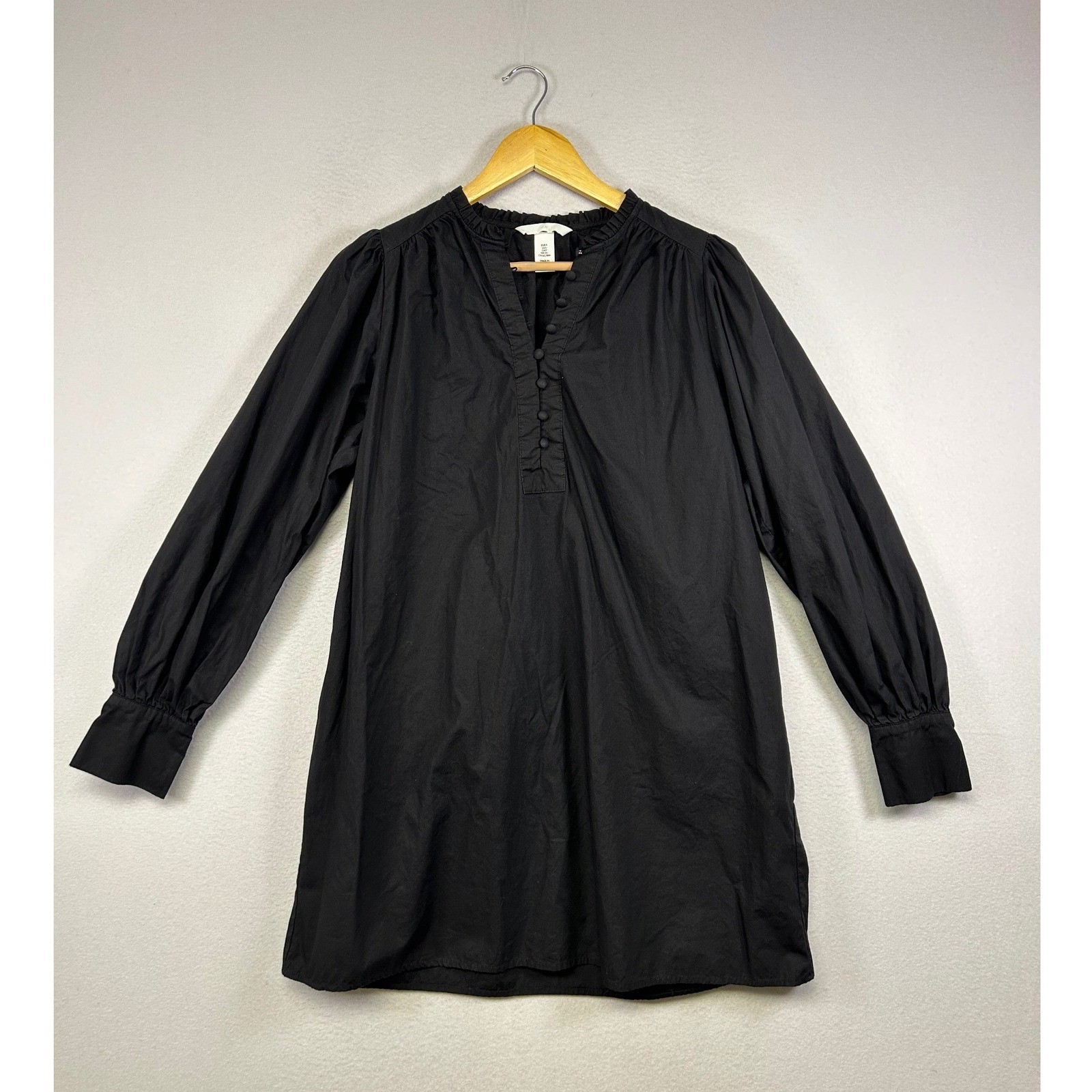 Minimalist H&M Women S Black Cotton Poplin Ruffle V-Neck Puff Sleeve Tunic Dress