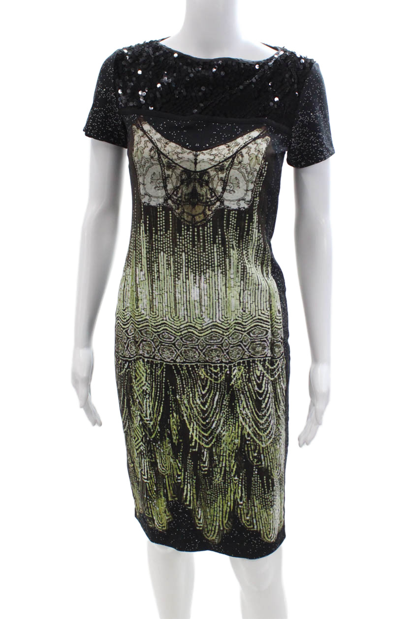 Cavalli Class Women Black Bodycon Sheath Mid-Calf Dress Short Sleeve Size 6