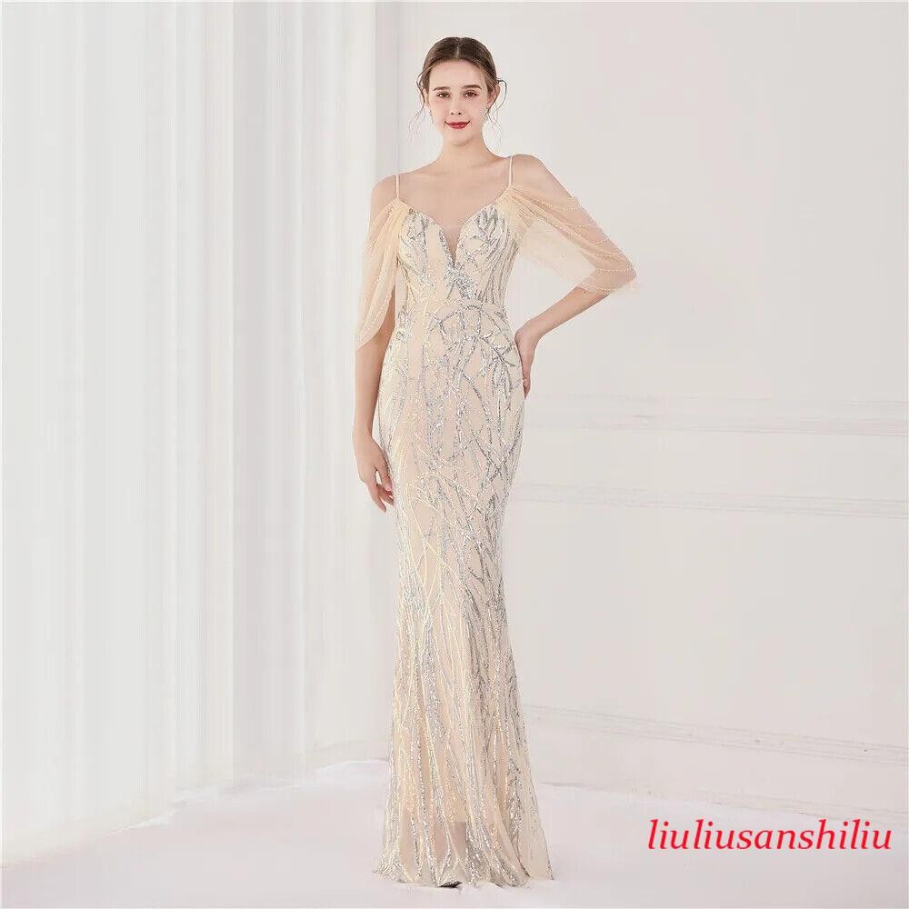 Women’s Wedding Elegant Beading Evening Green Sequin Strap Maxi Long Prom Dress