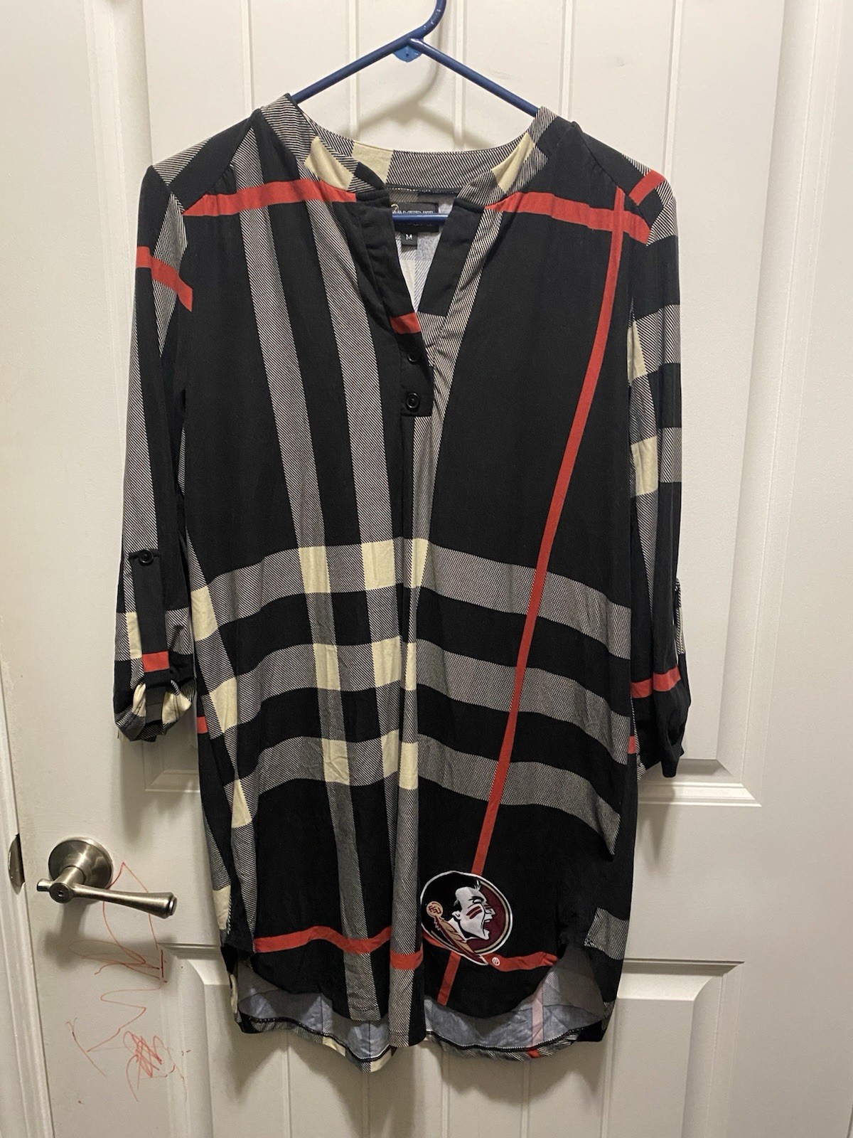 Gameday Couture Florida State Seminoles Plaid Tunic 3/4 Sleeve M Black Gray Red
